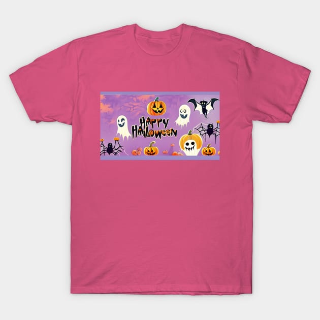 Halloween Background with Pumpkins, Ghosts, Bats, and Spiders T-Shirt by Tee Trendz